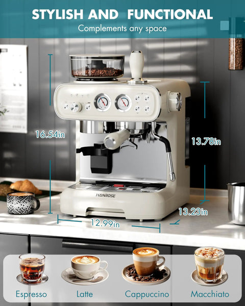 Espresso Machine With Grinder And Milk Frother For Home Use 20 Bar Pressure Vintage Cream Finishing Built In Grinder