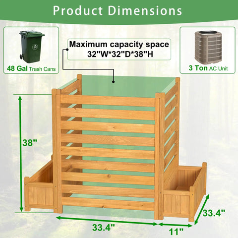 Three Panel Outdoor Wood Privacy Screen With Planter Box To Hide AC Unit And Trash Enclosure No Dig Kit dimensions shown