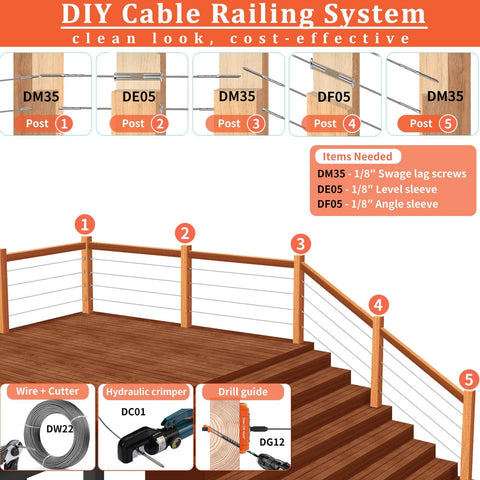 Heavy Duty Aluminum Drill Guide Jig With 30 45 90 Degree Angles Four Size Options Includes 6 Inch F Clamp For Angled And Straight Holes DIY Friendly Portable Cable Railing Drilling Template For Deck Stair And Handrail Projects displayed with railing system and tools