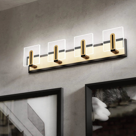 Sleek 28.35-Inch LED Vanity Light In Black And Gold With Clear Bubble Glass Shades 4000K Neutral White Damp Rated Four Light Bath Fixture