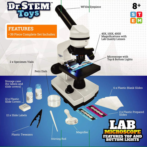 Kid Friendly Microscope Kit With Dual Top And Bottom Lights 40X 100X 400X for science lab use, showing complete set and microscope features.