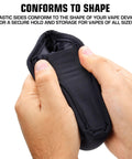 Hands holding a Vape Pen Travel Case Belt Bag With Belt Loop And Carabiner Clip, Elastic Neoprene Carry Case For Mod Tanks And Box Mods, showcasing elastic sides.