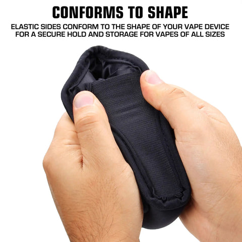 Hands holding a Vape Pen Travel Case Belt Bag With Belt Loop And Carabiner Clip, Elastic Neoprene Carry Case For Mod Tanks And Box Mods, showcasing elastic sides.