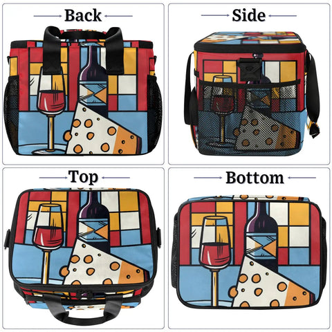 Go To Insulated Picnic Backpack With Large 12x9 Inch Capacity, Red Wine Color Lunch Tote with wine and cheese design
