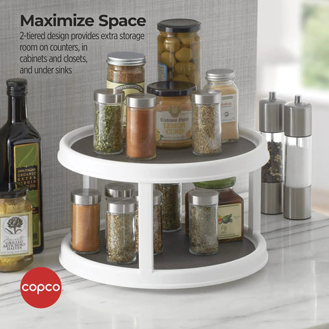 Non-Skid 2-Tier 12-Inch Turntable For Cabinets And Pantry Storage Rotating Organizer on kitchen counter with spices