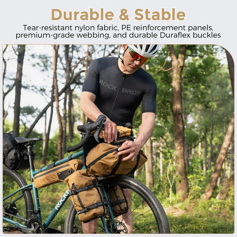 Man adjusting bike handlebar harness for bikepacking with front rack system and flexible mounting options big capacity fits dry bags 3-12 liters.