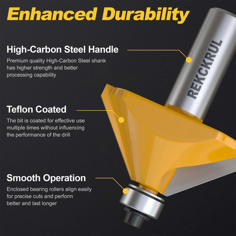 REKCKRUL 45-degree chamfer router bit with bearing, carbide-tipped, yellow body, 1/2 in shank