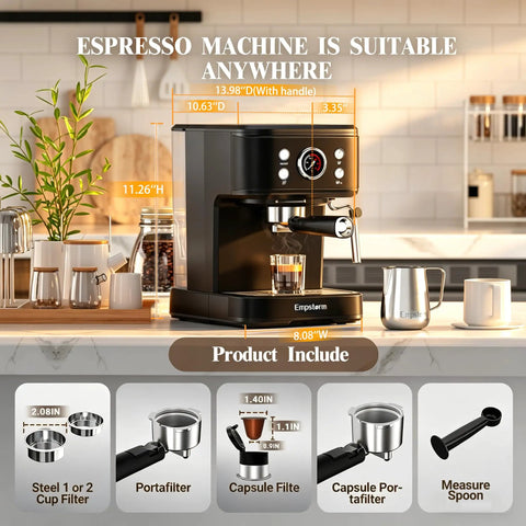 Next Level 20 Bar Espresso Machine With Silky Milk Frother And Heavy Duty Steam Wand 1100 Watt Compact Coffee Brewer with clear tank.