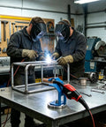 Two welders using Sturdy Mig Torch Holder With Mighty Magnetic Base For Steel Tables during metalwork projects on a workshop table.