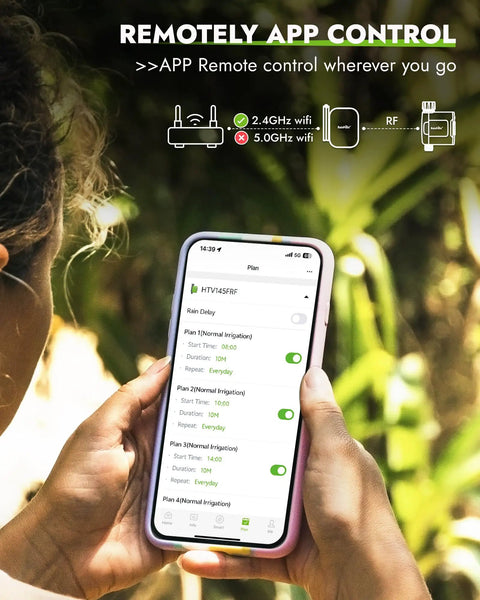 Smart WiFi Water Timer For Garden Hose With Brass Inlet Sprinkler Controller in app showing remote control and settings