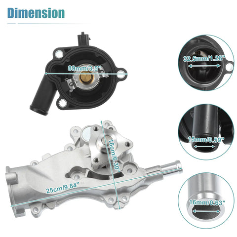 Tough Aluminum Engine Water Pump And Thermostat Housing Assembly With Gasket dimensions displayed on the product's top and side views