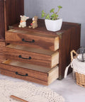 Wooden cabinet with open drawers, featuring mini black zinc alloy knobs from Set Of 20 Vintage Mini 2 Inch Drawer Knobs And Jewelry Box Pulls.