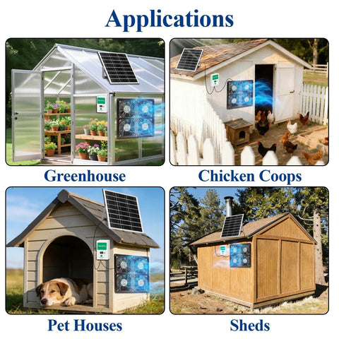 Solar Powered Exhaust Fan Kit With 25W Panel And 7500mAh Battery Four IP68 Waterproof Fans For Shed Chicken Coop Greenhouse And Dog House High Speed Cooling No Plug Needed Bracket Included