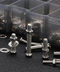 Heavy Duty 351 Piece Stainless Steel Screw Assortment Kit With Phillips Pan Head Machine Screws Nuts Bolts And Flat Washers on a dark surface.
