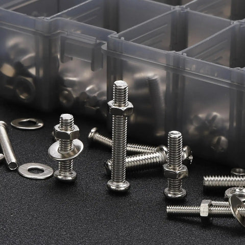 Heavy Duty 351 Piece Stainless Steel Screw Assortment Kit With Phillips Pan Head Machine Screws Nuts Bolts And Flat Washers on a dark surface.