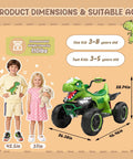 24V Dinosaur Ride On ATV For Kids Aged 4 To 8 dimensions and age range illustration with green dinosaur design