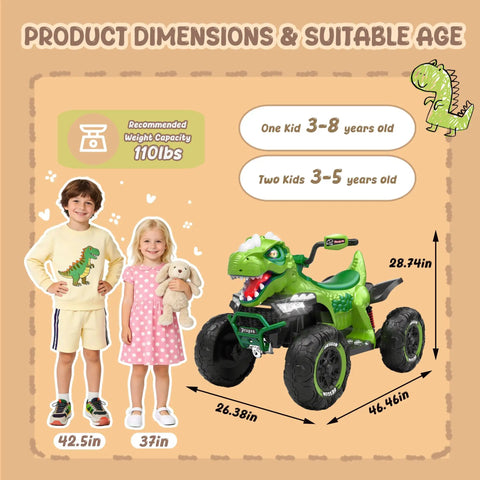 24V Dinosaur Ride On ATV For Kids Aged 4 To 8 dimensions and age range illustration with green dinosaur design