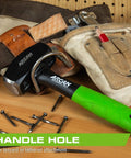 3 Lb Drilling Hammer With 10 Inch Fiberglass Handle And Drop Forged Heads Rubber Grips For Comfort Non Slip Grip Bright Green Visibility Handle Hole For Lanyard Heavy Duty Tool For Demolition And Framing displayed on workbench next to tool belt with handle hole visible