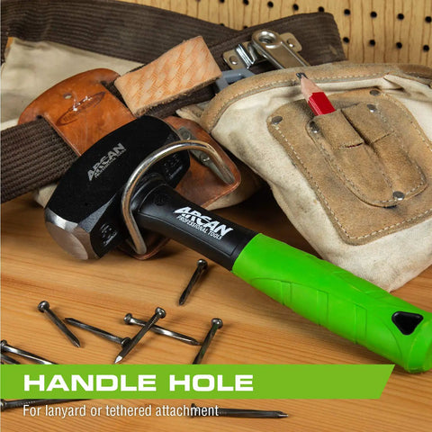 3 Lb Drilling Hammer With 10 Inch Fiberglass Handle And Drop Forged Heads Rubber Grips For Comfort Non Slip Grip Bright Green Visibility Handle Hole For Lanyard Heavy Duty Tool For Demolition And Framing displayed on workbench next to tool belt with handle hole visible
