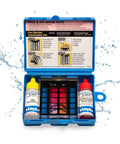 Image of Zero Hassle Three In One Dpd Water Test Kit For Pools And Spas With Handheld Comparator in blue case, shows test kit components and instructions.
