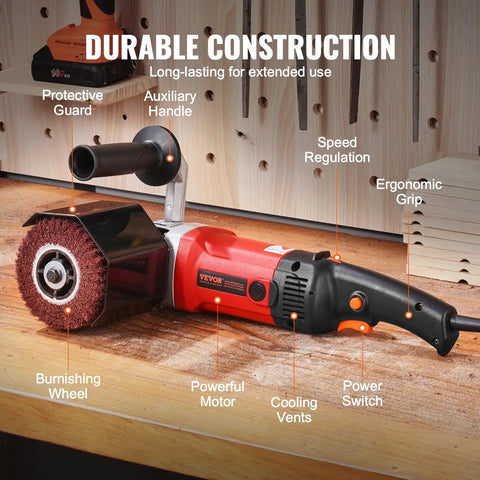 Front view of Beast 1200W Burnishing Polishing Tool With Six Speed Settings Handheld Metal Buffing Machine with fiber polishing wheel