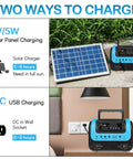 Beefy All In One Portable Solar Power Station With Panel And Built-In LED Lights, dual charging methods shown, USB and solar.
