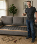 Man holding 49 ft heavy duty 9 gauge upholstery springs roll for sofa spring replacement, thumbs up, couch repair in living room.