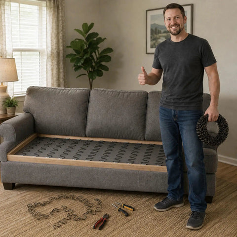 Man holding 49 ft heavy duty 9 gauge upholstery springs roll for sofa spring replacement, thumbs up, couch repair in living room.