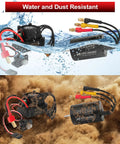 High Performance 2435 4800KV Brushless Motor And 35A ESC Combo waterproof and dust-resistant shown in water and dust clouds.