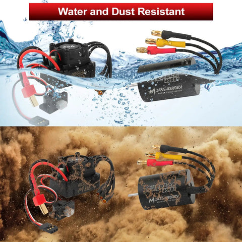 High Performance 2435 4800KV Brushless Motor And 35A ESC Combo waterproof and dust-resistant shown in water and dust clouds.