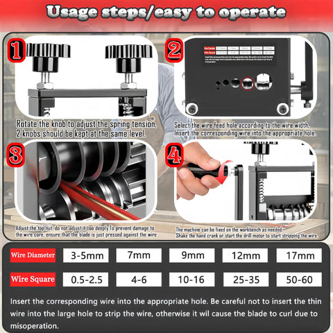 Steps to use Drill Powered Wire Stripper Tool With Hand Crank 6 Channel System And 5 Carbide Blades on copper wires