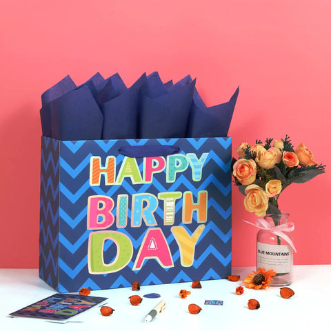 13 Inch Large Blue Gift Bag Set With Greeting Card And White Tissue Papers Laser Foil Happy Birthday For Men And Boys