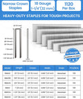 Premium Pro Grade 18 Gauge Narrow Crown Staples 1-1/4 Inch Length 1120 Count box with galvanized finish and sizes displayed.