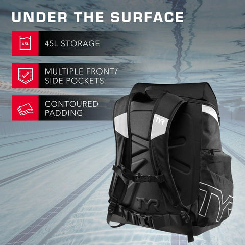 All In One Wet Dry Gym And Pool Backpack With 45L Capacity shown with contoured padding and multiple side pockets in pool setting