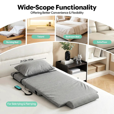 Heavy Duty Electric Lifting Backrest With Adjustable Angle For Hospital Beds Fits Pregnant Elderly And Disabled Users Super Strong Load Carrying Capacity And Easy Detachable Design on a bed with a remote.