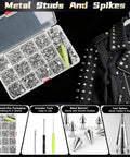 600 Piece Metal Studs And Spikes Kit For DIY Punk Fashion With 8 Size Cone Spikes And Pyramid Studs shown with a studded jacket