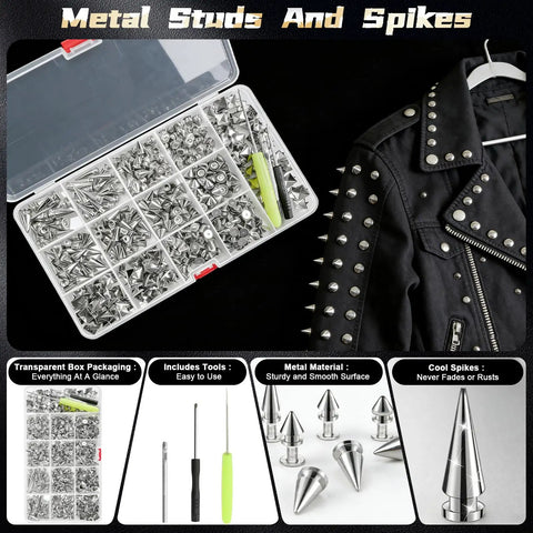 600 Piece Metal Studs And Spikes Kit For DIY Punk Fashion With 8 Size Cone Spikes And Pyramid Studs shown with a studded jacket