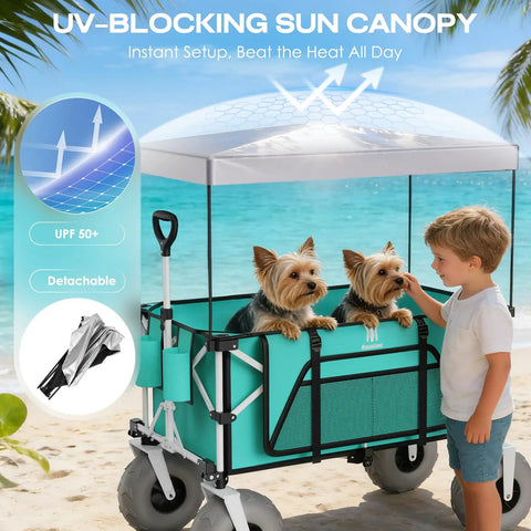 Beach Wagon With Balloon Wheels For Sand, Extra Large 200L Cargo Cart With Canopy, Heavy Duty Folding Wagon Holds 440 Lbs, 9 Inch Tires