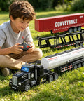 Child playing with 3 In 1 RC Truck Toy Set With Car Carrier Tanker And Container Trucks Sounds And Lights 14 Inch 1 48 Scale