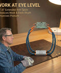 Four Arm Handy Helping Hands Pro Grade With Eleven Point Eight Inch Extended Gooseneck And Three Sixty Degree Rotating Alligator Clamps Third Hand PCB Holder on desk with man using it for soldering work.