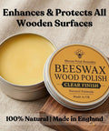 Real Deal Natural Beeswax Furniture Polish To Restore Dry Wood And Boost Natural Grain With Food Safe Olive Oil Blend For A Smooth Clean Finish That Gives Your Favorite Wooden Pieces Brand New Life In 3.5 Fl Oz Jar in a decorative tin on wooden surface.