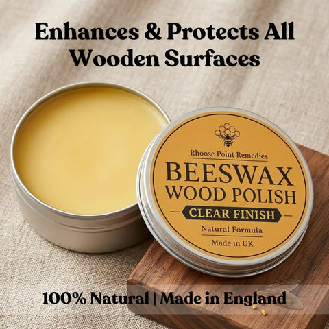 Real Deal Natural Beeswax Furniture Polish To Restore Dry Wood And Boost Natural Grain With Food Safe Olive Oil Blend For A Smooth Clean Finish That Gives Your Favorite Wooden Pieces Brand New Life In 3.5 Fl Oz Jar in a decorative tin on wooden surface.