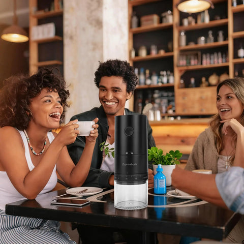 Lightning Fast Portable Electric Coffee Grinder With Smooth Ceramic Burr And 38 Adjustable Grind Settings in a lively café setting.