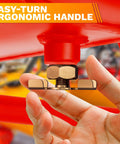 1/4 NPT Brass Air Compressor Drain Valve With Hand Turn Handle shown under red tank for easy moisture draining