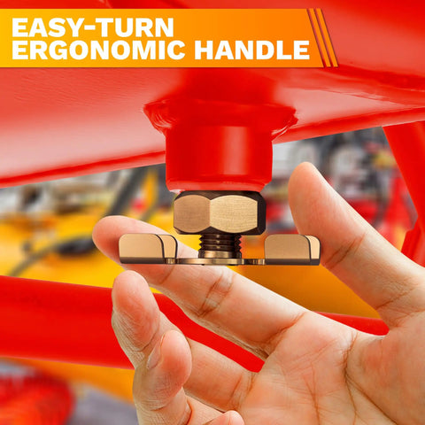 1/4 NPT Brass Air Compressor Drain Valve With Hand Turn Handle shown under red tank for easy moisture draining