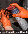 Tough As Nails Industrial Orange Nitrile Work Gloves With Solid Eight Mil Thickness And Raised Diamond Texture For Heavy Duty Jobs Chemical Resistant Latex Powder Free Secure Large Hands Fit Comfort One Hundred Count Pack, worn while applying lubricant.