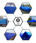 Collage of Two Pack 12x16 Ft Blue Poly Tarp 5 Mil Thick Waterproof Dustproof Multipurpose Outdoor Cover for camping tents, boats, RVs.