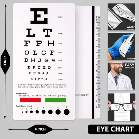 Must Have Premium 7 Piece Silver Diagnostic Kit Snellen Eye Chart with dimensions and features for medical professionals.