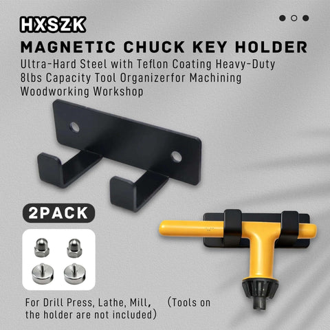 Hxszk magnetic chuck key holder 2-pack, black steel wall mount with two hooks for drill press/lathe