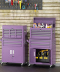 Beefy 8-Drawer Rolling Tool Chest With Detachable Top Box And Locking Wheels, 2-In-1 Steel Cabinet, purple, open drawers in garage